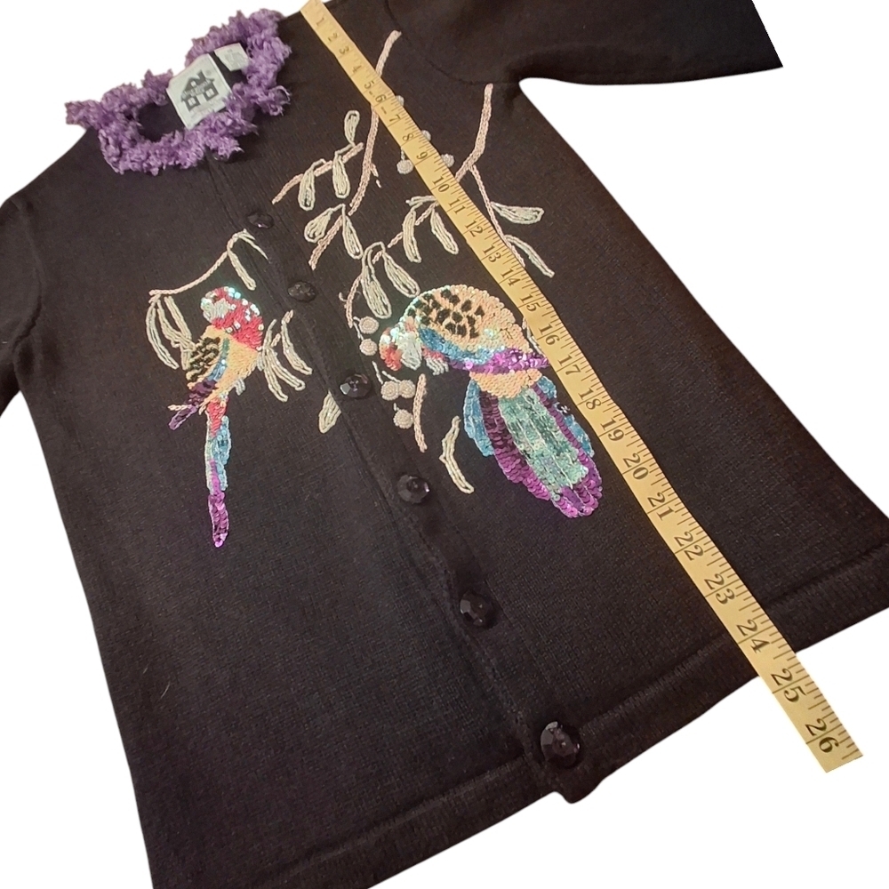 Storybook Knit Black Embellished Cardigan Sweater "Parrot Fancy"  Women Size XS - Picture 13 of 14